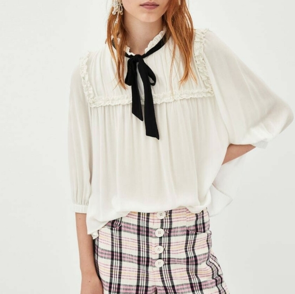 Zara Trf White Black Pussy Bow Ruffle 